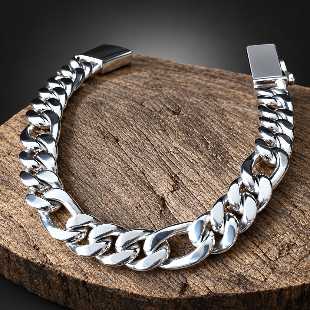 Silver chain bracelet on a wooden surface