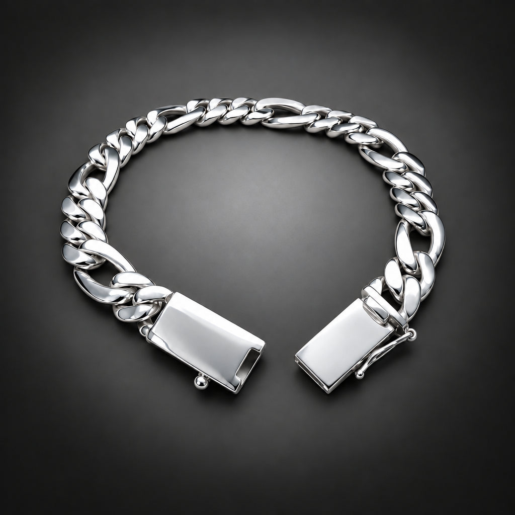 A silver-toned Cuban link chain bracelet with a polished rectangular clasp, displayed open on a dark gray gradient background.