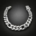 A chunky silver-tone Cuban link bracelet with a polished finish, displayed in a U-shape on a dark gray gradient background.