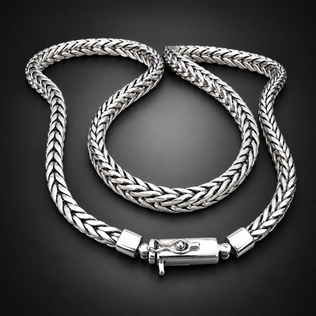 Silver braided bracelet on a wooden surface with a dark background