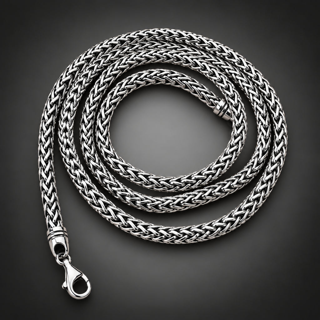 A silver braided chain necklace coiled in a person's hand against a black background.
