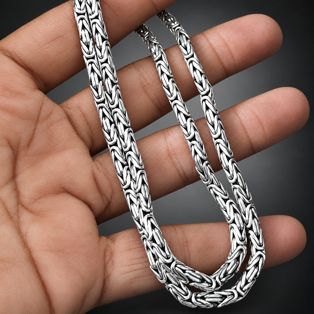 Men’s 999 Pure Silver Byzantine Chain Necklace, 4mm Handmade in Bali