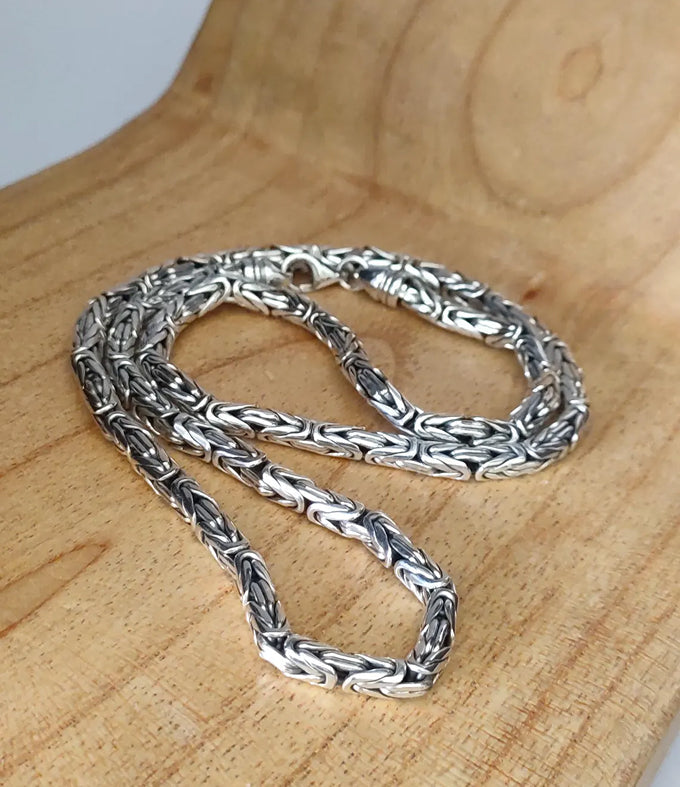 999 Pure Silver Byzantine Chain Necklace - Handmade Bali Silver, Men's Jewelry