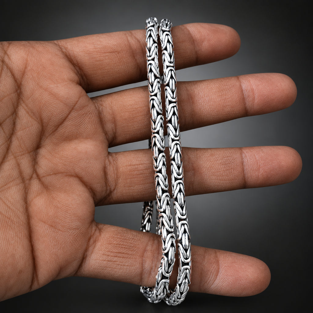 Men’s 999 Pure Silver Byzantine Chain Necklace, 4mm Handmade in Bali