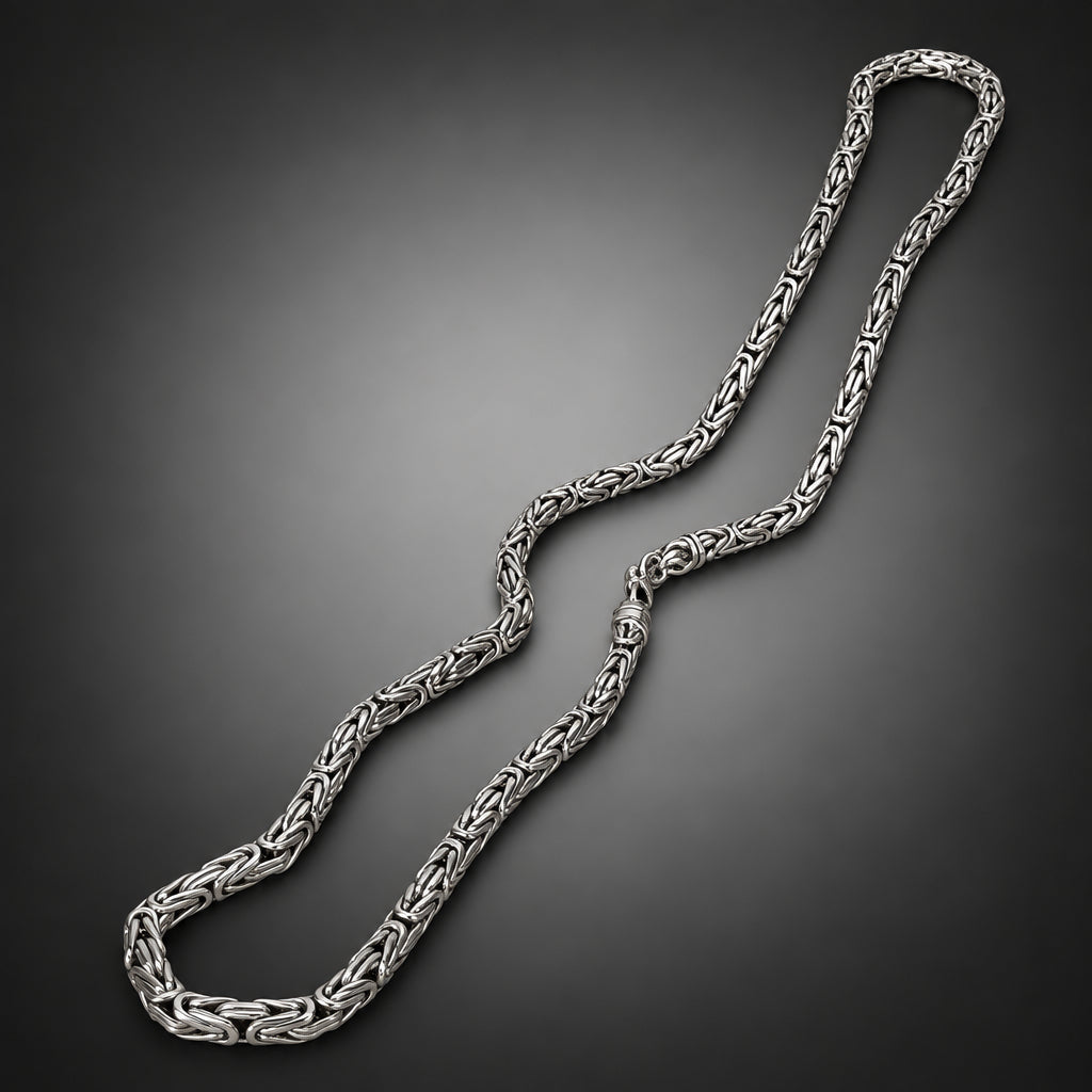 Men’s 999 Pure Silver Byzantine Chain Necklace, 4mm Handmade in Bali