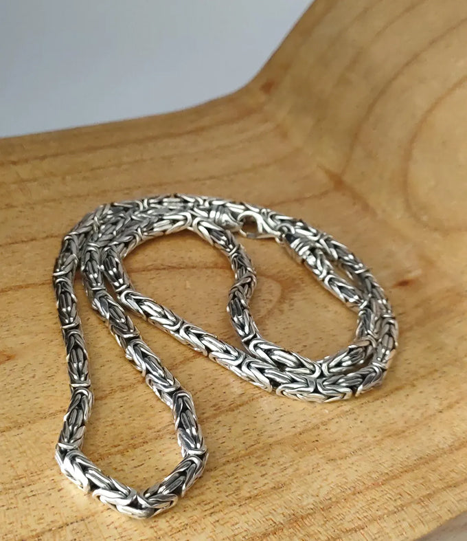 999 Pure Silver Byzantine Chain Necklace - Handmade Bali Silver, Men's Jewelry
