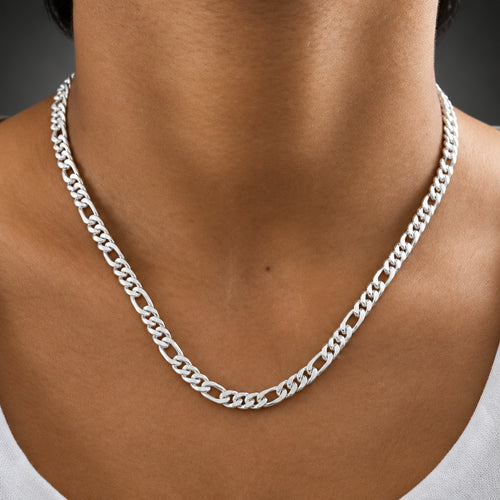 Silver chain necklace on a person's neck