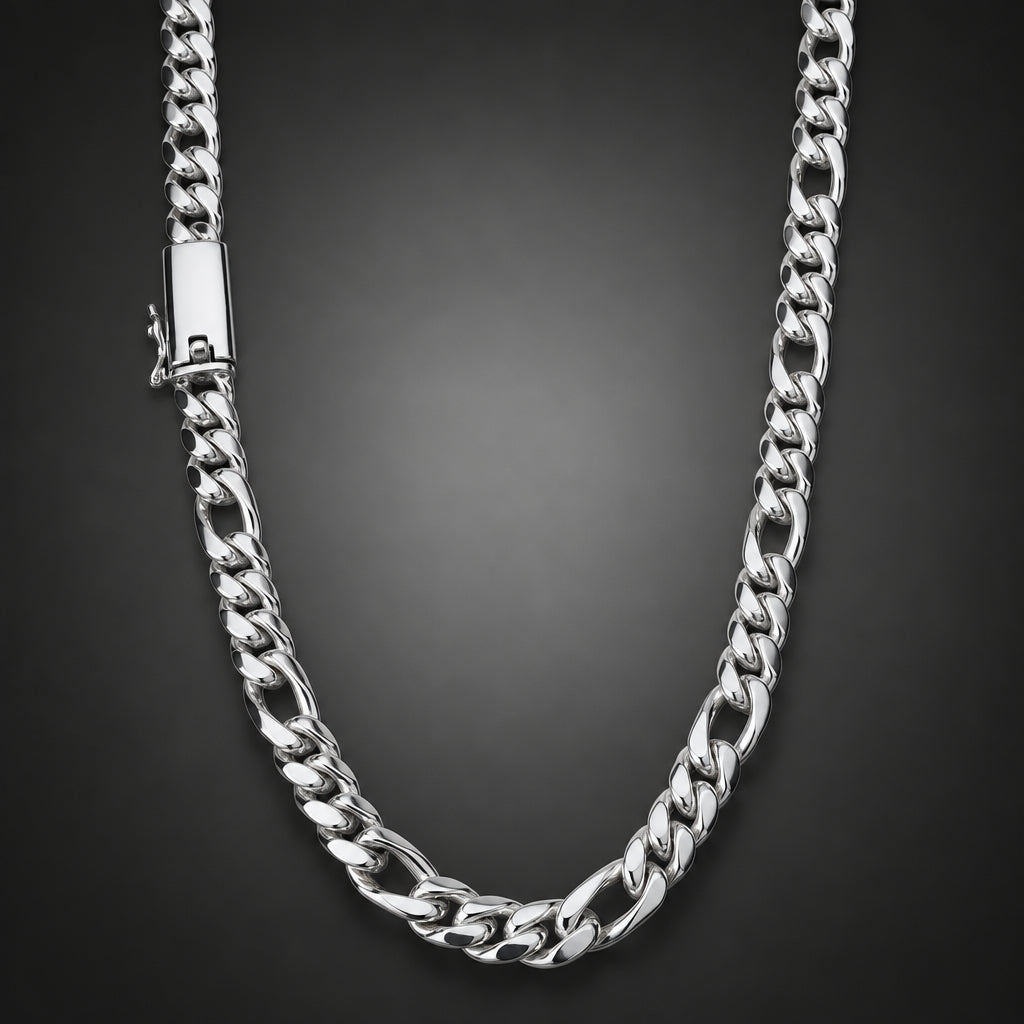 999 Pure Silver Figaro Chain Necklace, 8mm Handmade