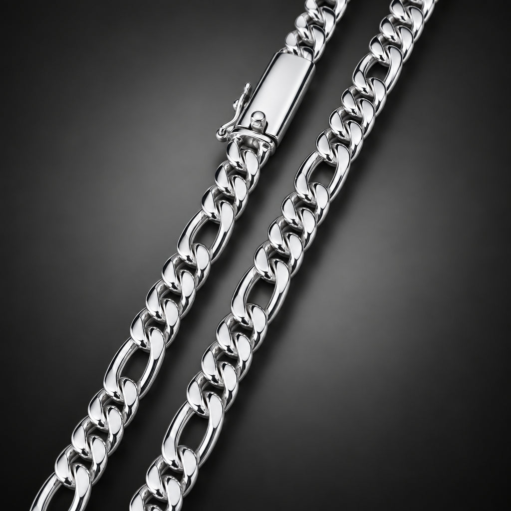 999 Pure Silver Figaro Chain Necklace, 8mm Handmade