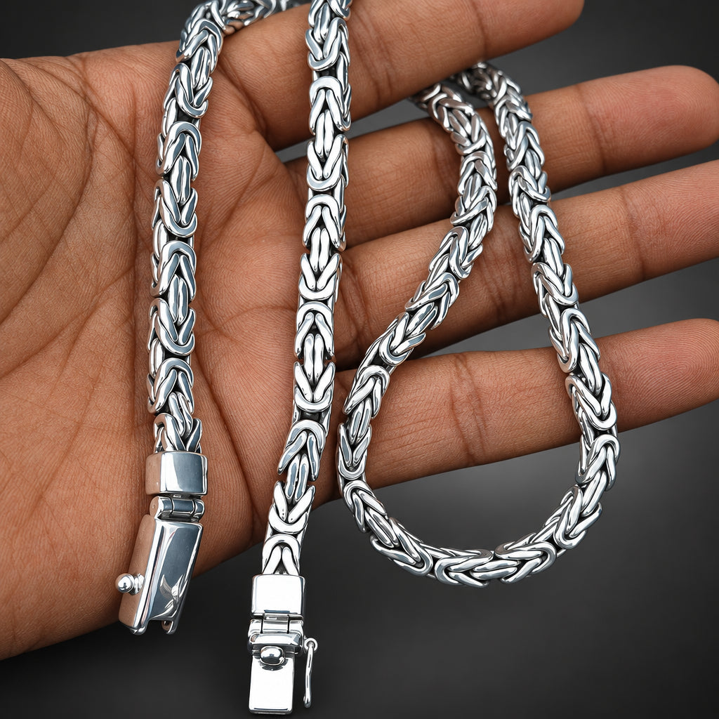Men’s 999 Pure Silver Byzantine Chain Necklace, 6mm x 4mm