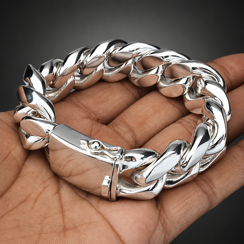 Men’s 999 Pure Silver Curb Chain Bracelet, 23–24mm Heavyweight