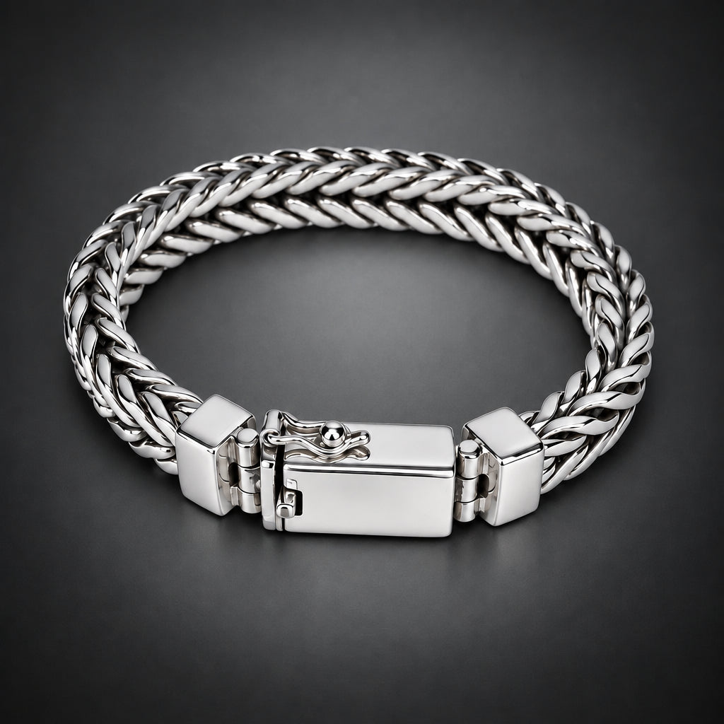 Men’s 999 Pure Silver Foxtail Chain Bracelet, 10mm Handmade
