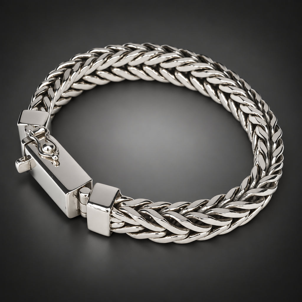 Men’s 999 Pure Silver Foxtail Chain Bracelet, 10mm Handmade