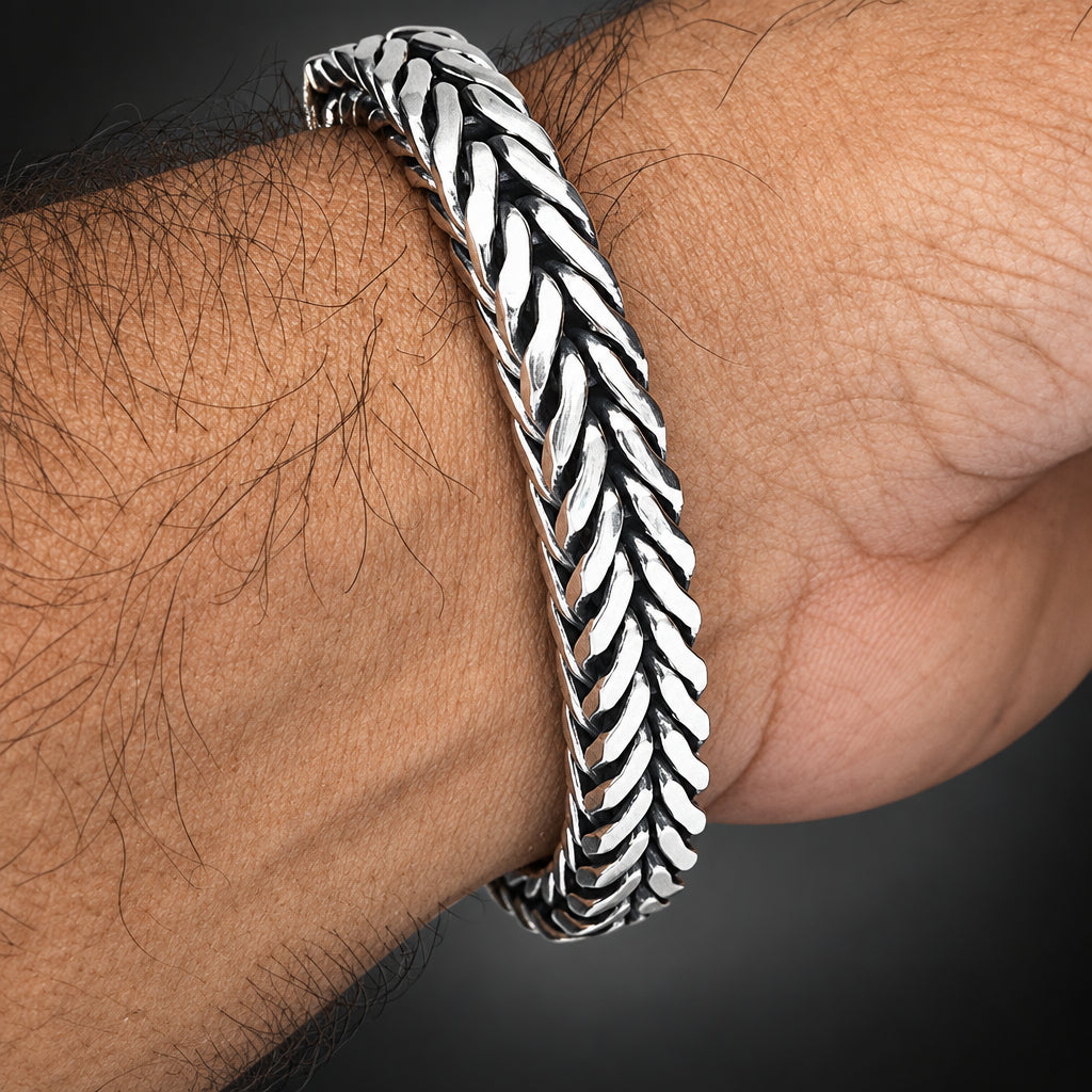 Men’s 999 Pure Silver Foxtail Chain Bracelet, 10mm Handmade