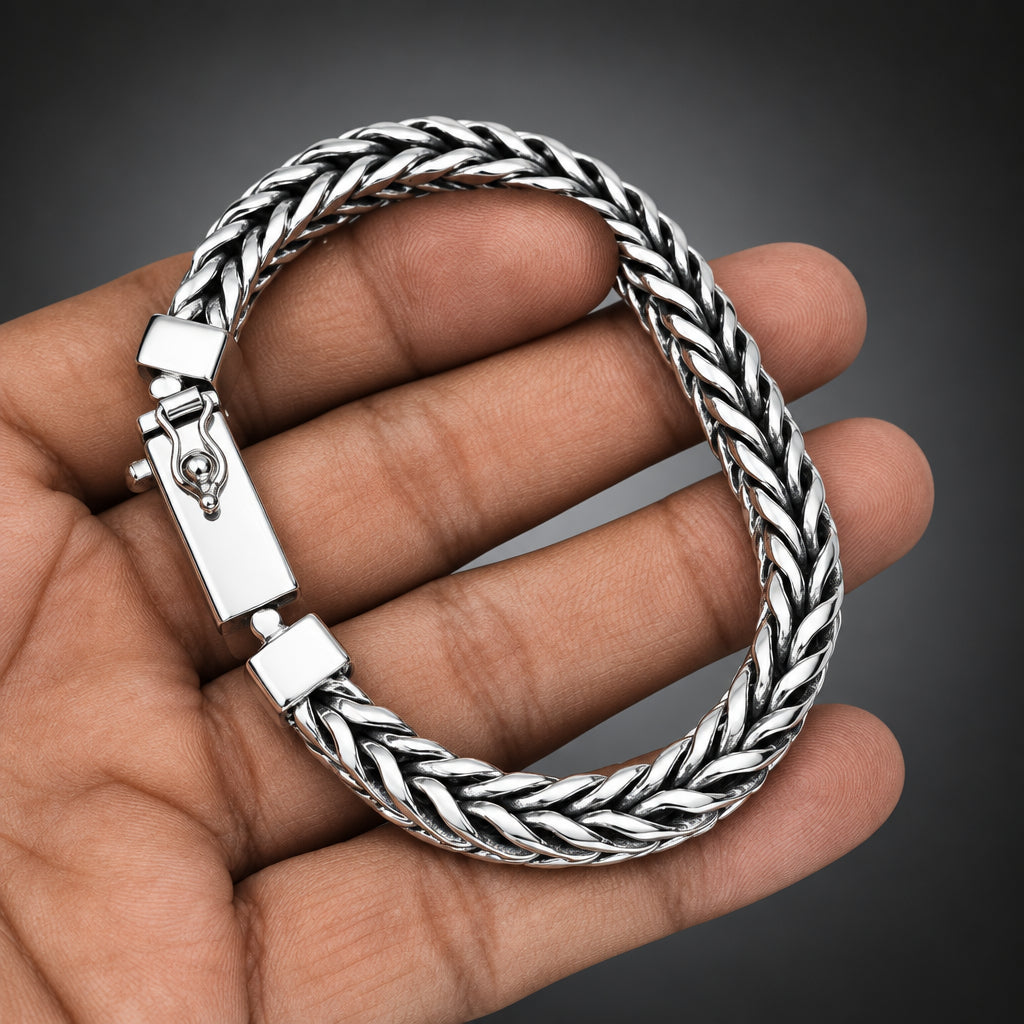 Men’s 999 Pure Silver Foxtail Chain Bracelet, 10mm Handmade