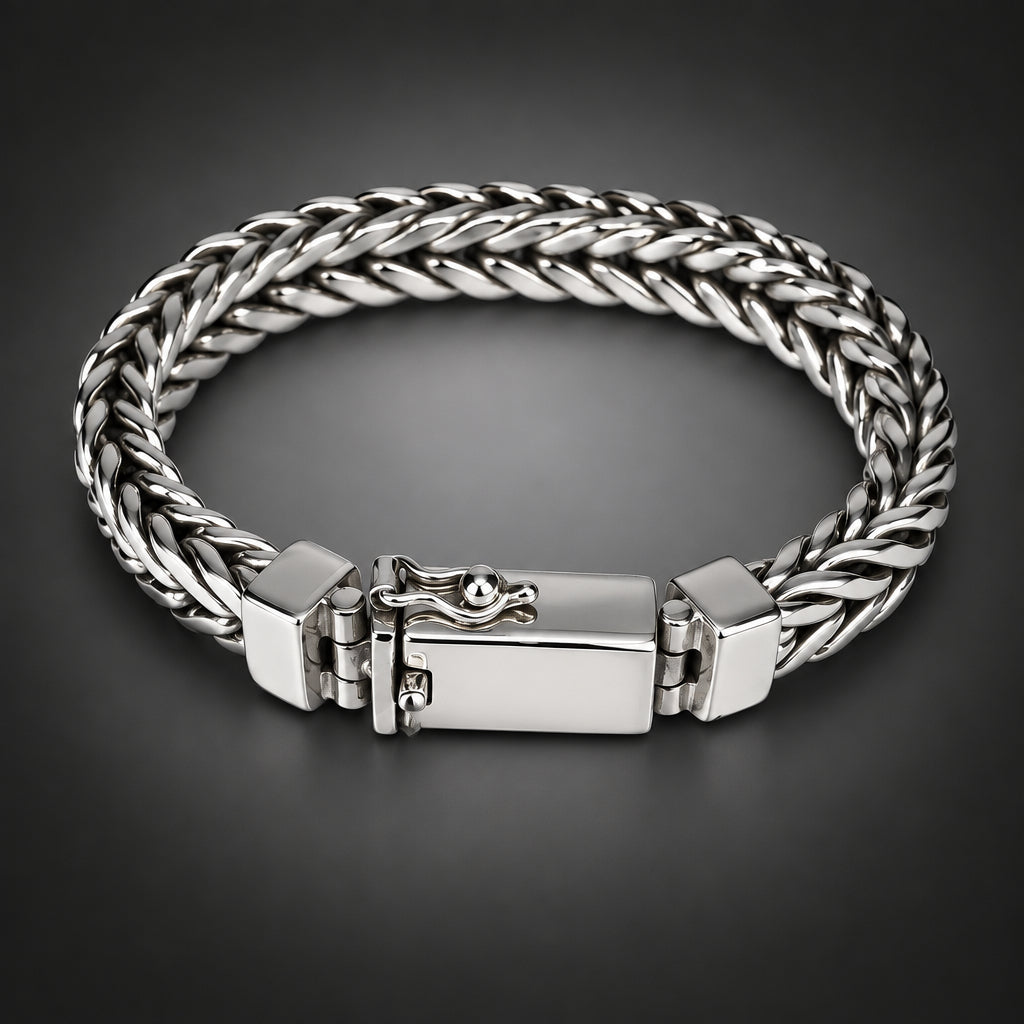 Men’s 999 Pure Silver Foxtail Chain Bracelet, 10mm Handmade