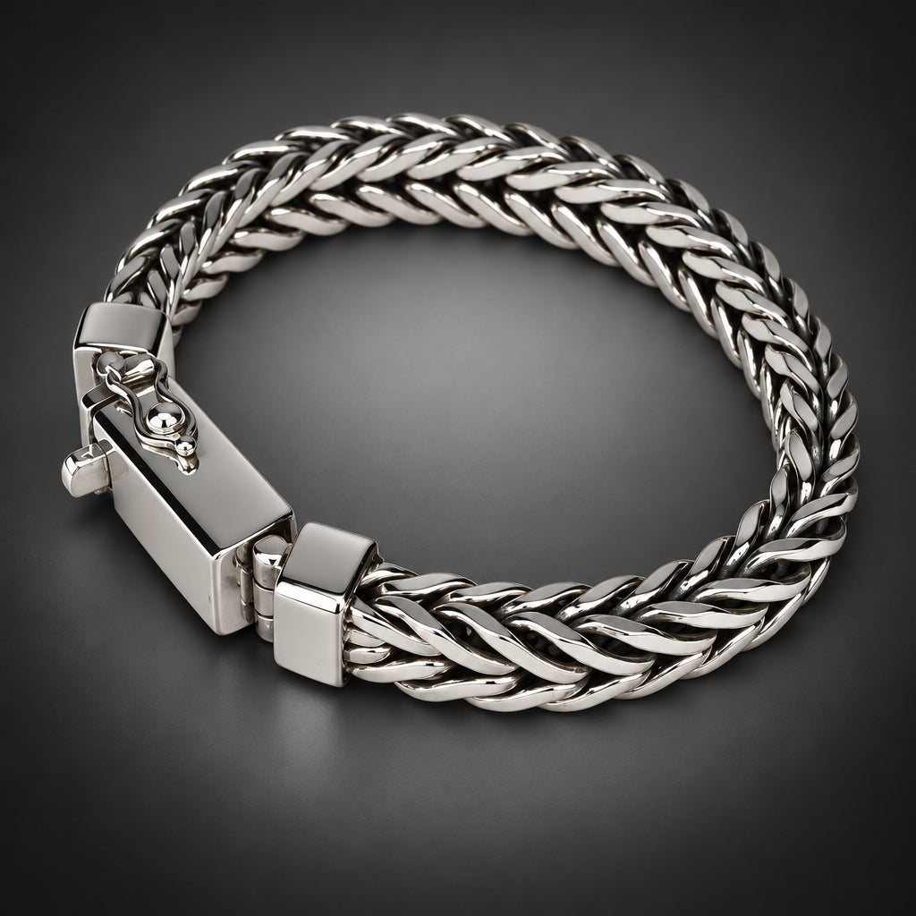 Men’s 999 Pure Silver Foxtail Chain Bracelet, 10mm Handmade
