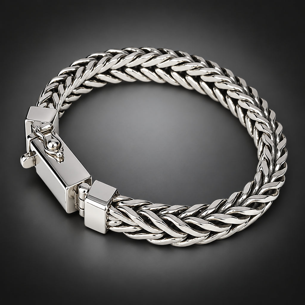 Men’s 999 Pure Silver Foxtail Chain Bracelet, 10mm Handmade