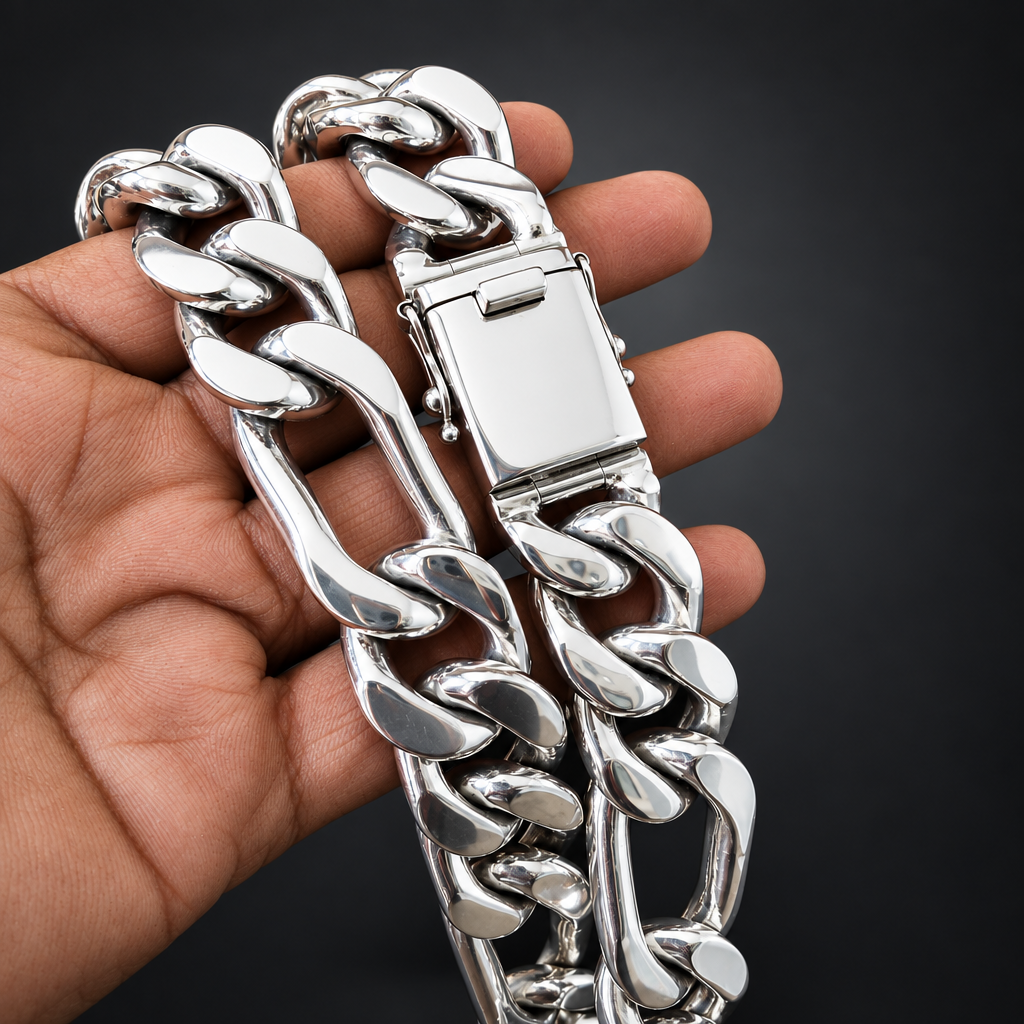 A close-up of a hand holding a thick, polished silver Cuban link chain bracelet against a solid black background.