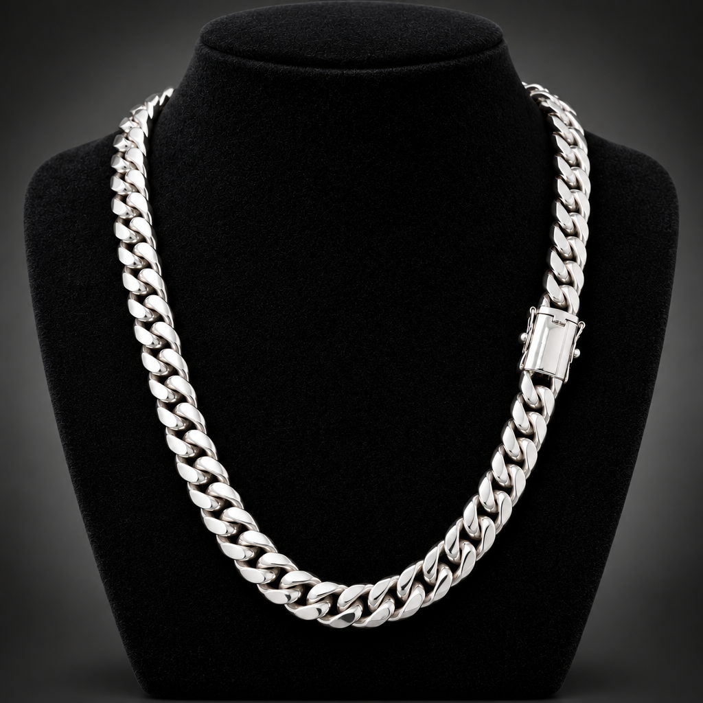 A thick silver Cuban link chain necklace displayed on a black velvet jewelry bust against a dark background.