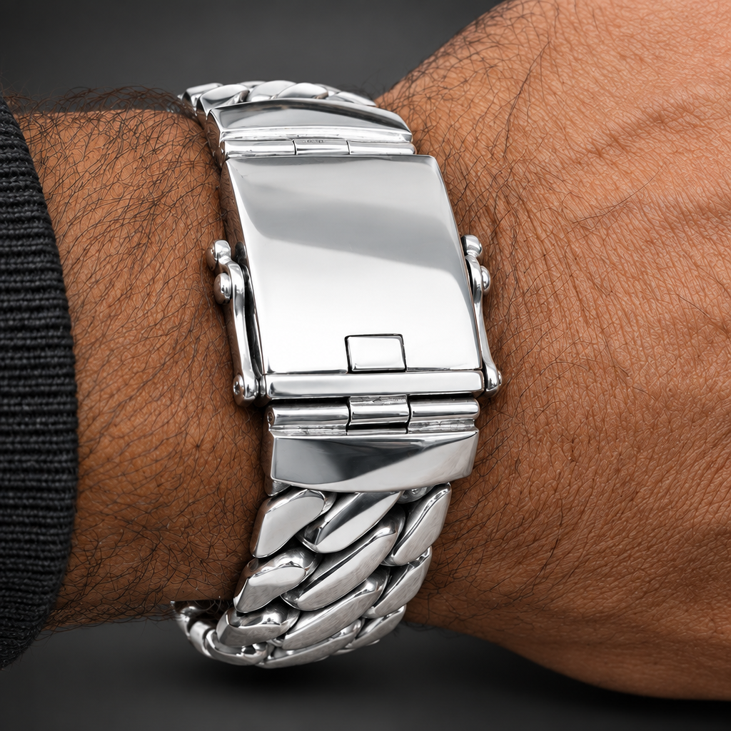 A close-up of a silver stainless steel watch with a wide, polished Cuban link bracelet worn on a person's wrist.