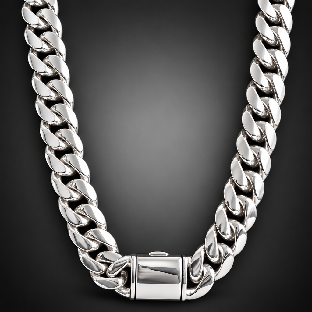 A chunky silver Cuban link chain necklace displayed on a dark wood bust, with a matching silver chain bracelet on a smaller wooden stand beside it, set against a neutral beige background.