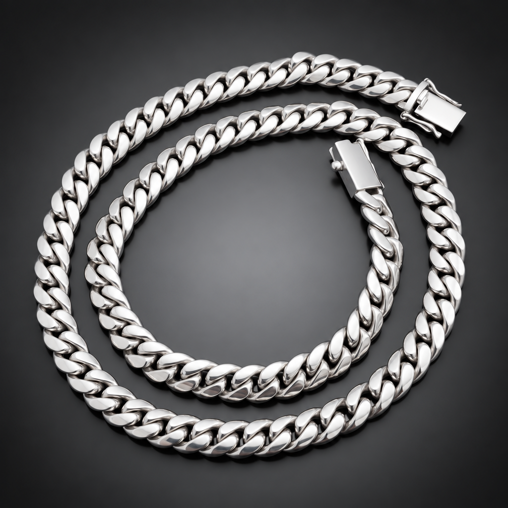 A silver-toned Cuban link chain necklace coiled on a black velvet fabric background.