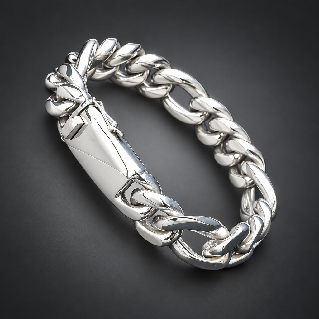 Men’s 14mm 999 Pure Silver Figaro Bracelet, Custom Engraving