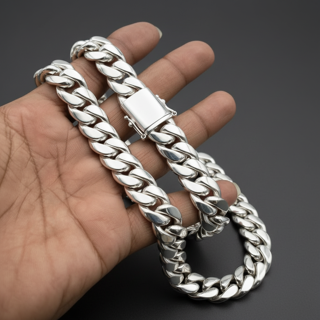 A close-up of a hand holding a thick, polished silver Cuban link chain bracelet against a dark background.