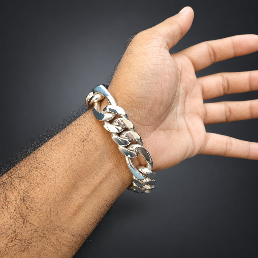 Men’s 14mm 999 Pure Silver Figaro Bracelet, Custom Engraving