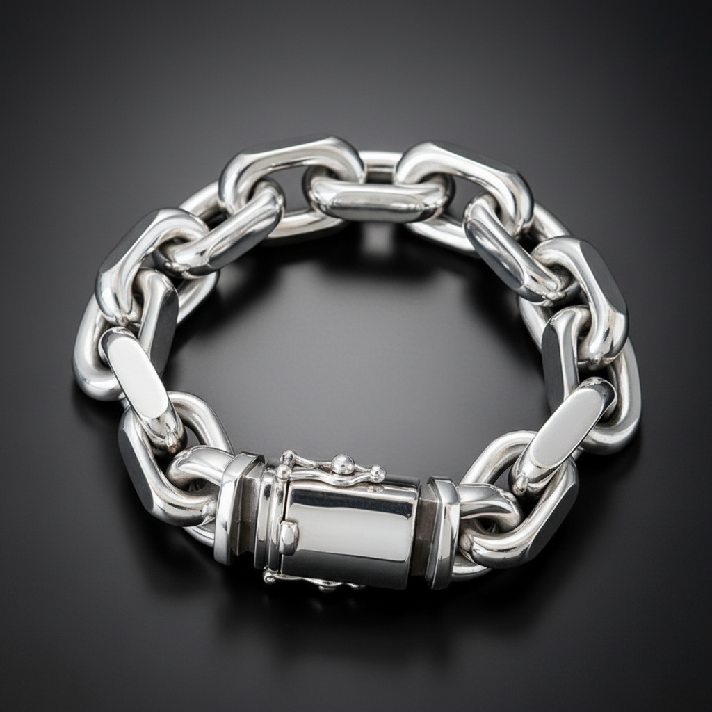 A chunky silver-toned metal chain bracelet with a polished clasp.
