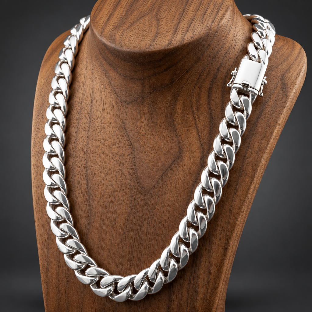 A thick silver Cuban link chain necklace displayed on a polished wooden mannequin bust against a dark gray background.
