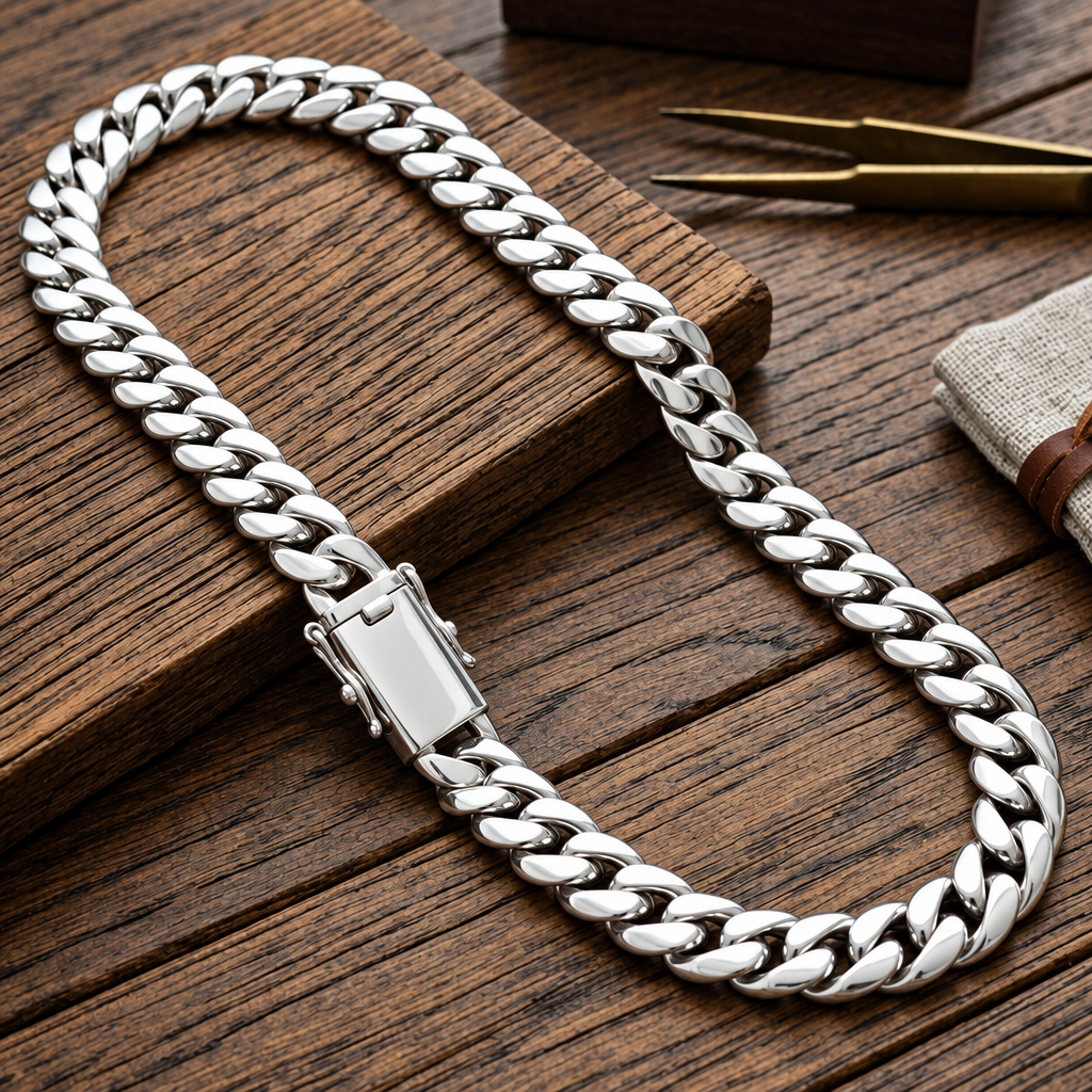 A sterling silver Cuban link chain necklace displayed on a rustic wooden surface, with a small branded box, tweezers, and a fabric pouch nearby.