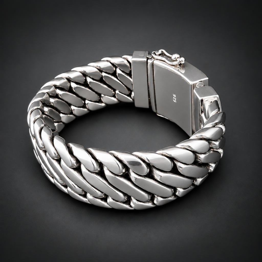 A chunky silver-toned metal bracelet with a woven curb-link design and a rectangular clasp, photographed on a dark gray to black gradient background.